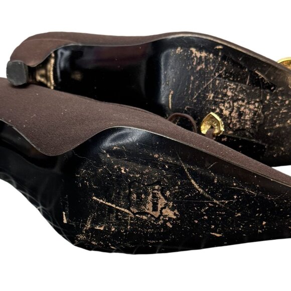 Stuart Weitzman Brown Kitten Heel Pumps W/ Rhinestone Bow Accents Size 7.5 M - Picture 3 of 6